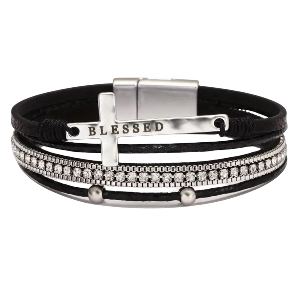 Charm Bracelet Faux Leather Black or White Silver Cross